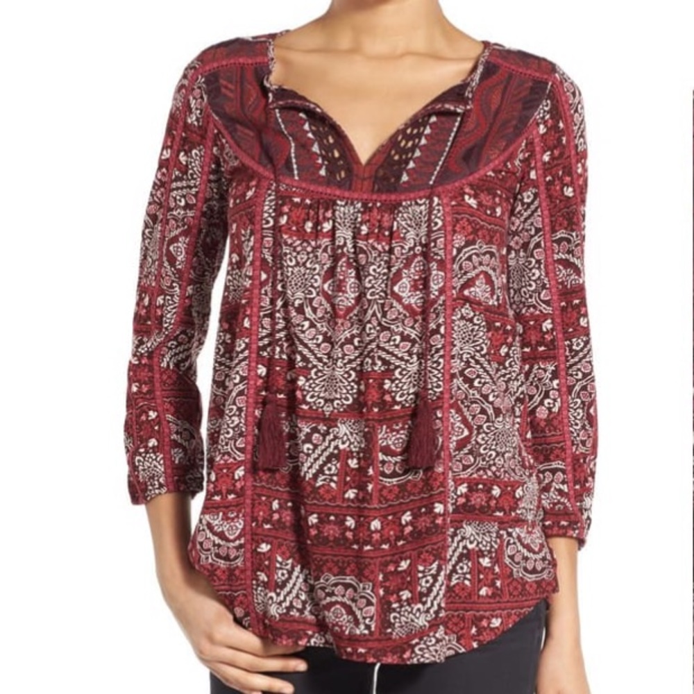Lucky brand embroidered yoke  print top